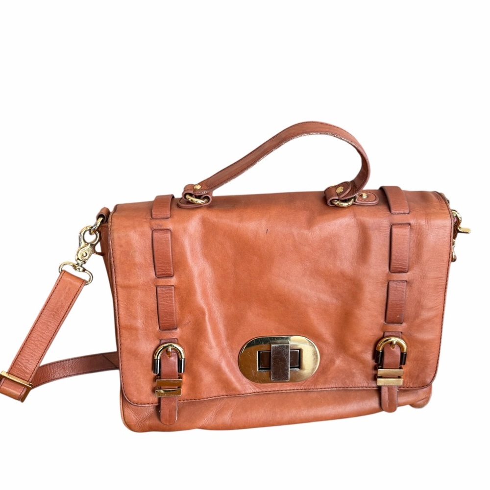 VINTAGE Badgley Mischka Cognac Leather Satchel Shoulder Bag Uptown Girl